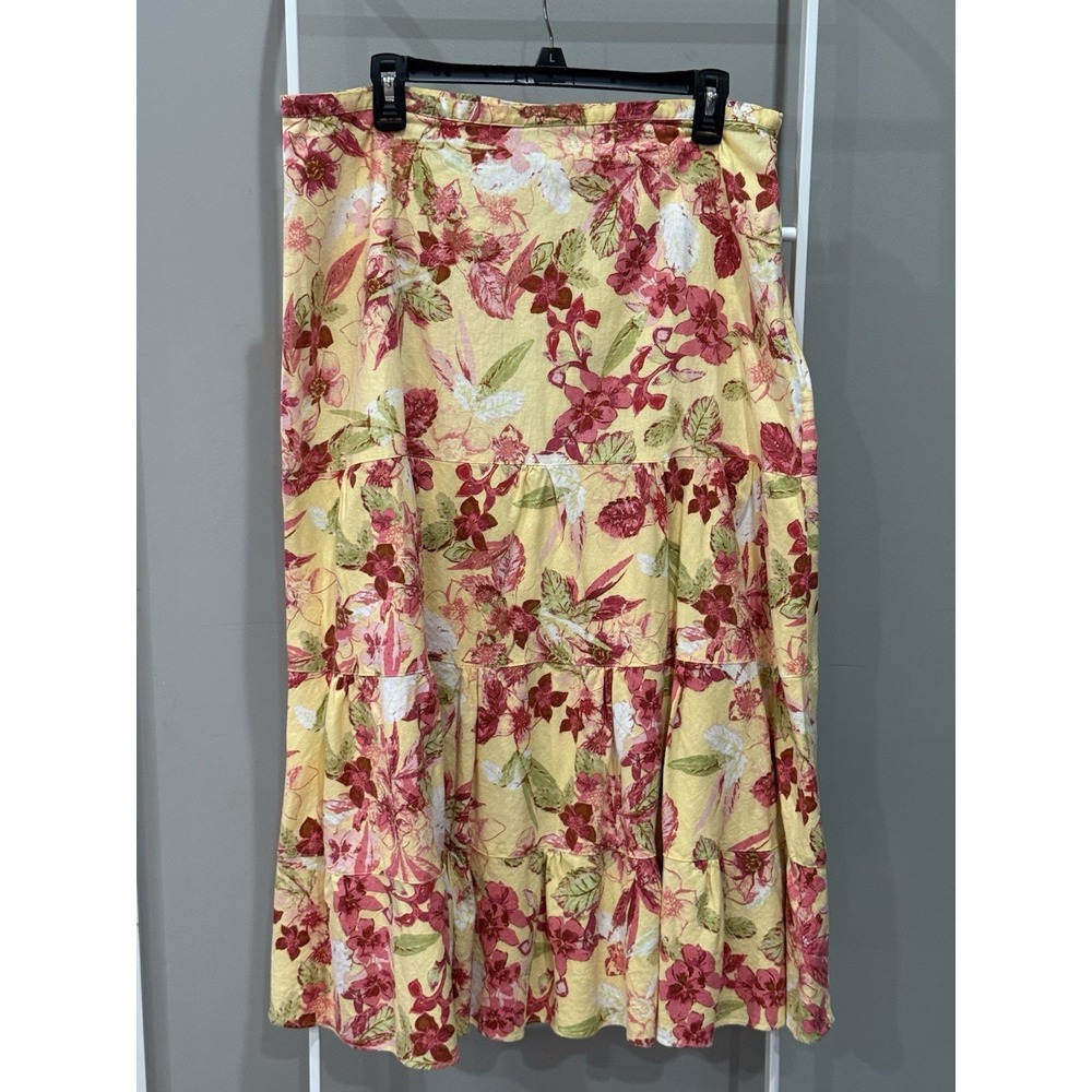 Y2K Emma James Floral Yellow Tiered Maxi Skirt 16 Linen Boho Cottagecore Prairie